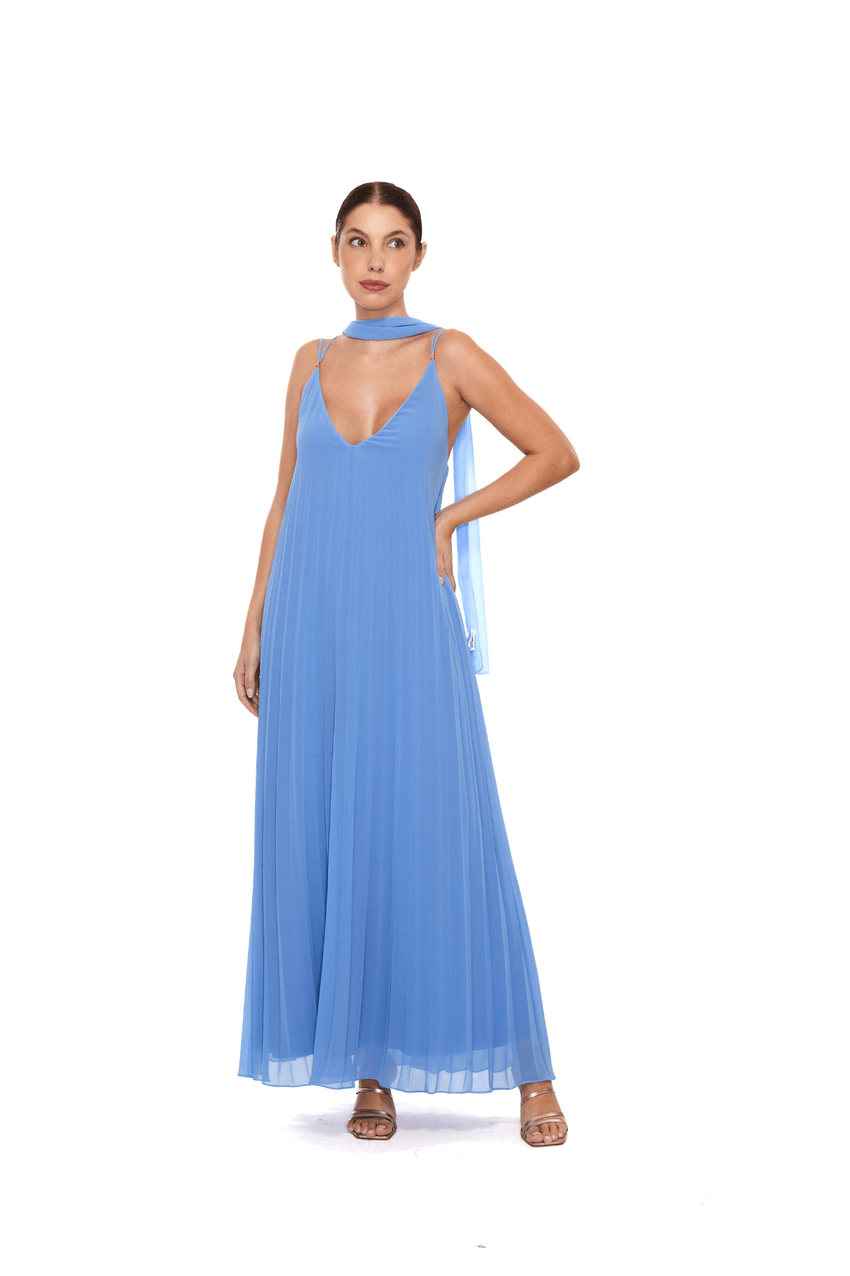 VESTIDO LONGO PLISSADO AZUL