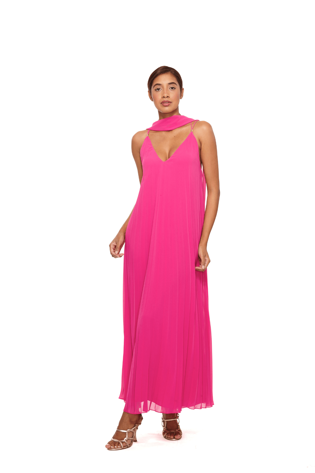 VESTIDO LOMGO PLISSADO ROSA CANDY